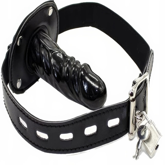 PERWERSYJNY KNEBEL SKÓRZANY Z DŁUGIM DILDO 10 CM BDSM DOMINUJ ZNIEWALAJ