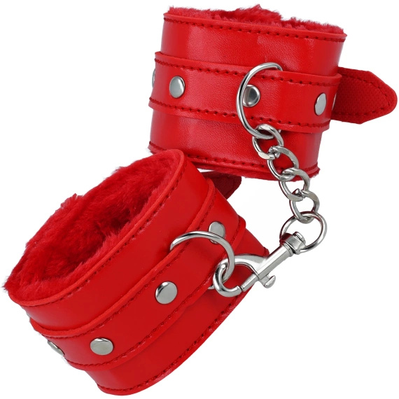 Kajdanki Czerwone Z Sex Futerkiem Regulowane Skóra Metal Premium BDSM LeLex