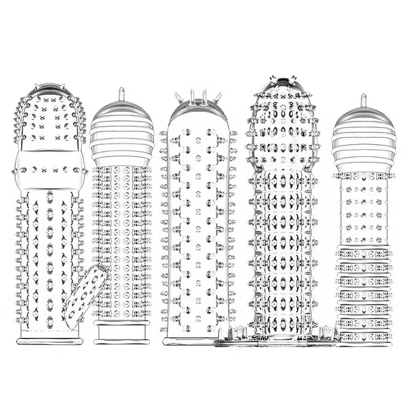 ZESTAW 5  EREKCYJNYCH NAKŁADEK NA PENISA MEGA WYPUSTKI SEKS UROZMAICENIE
