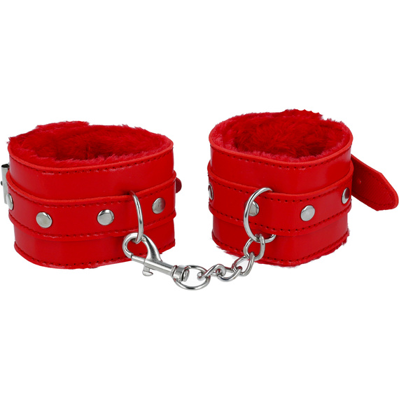Kajdanki Czerwone Z Sex Futerkiem Regulowane Skóra Metal Premium BDSM LeLex