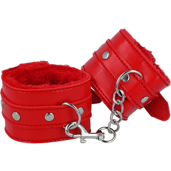 Kajdanki Czerwone Z Sex Futerkiem Regulowane Skóra Metal Premium BDSM LeLex