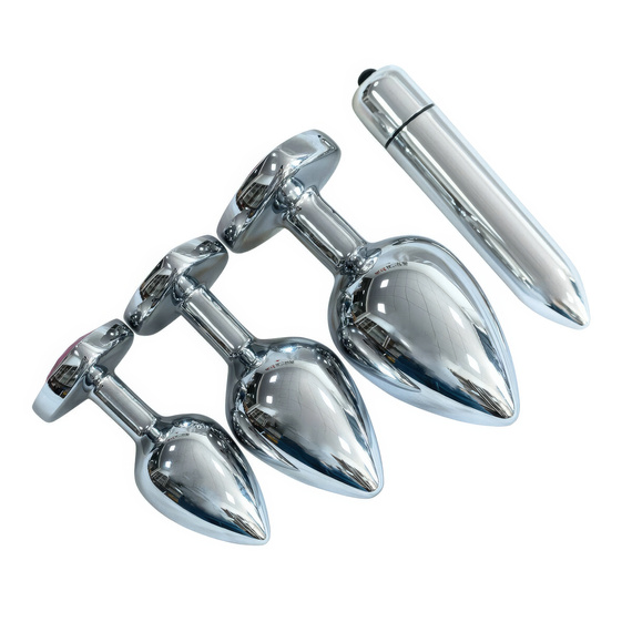 ZESTAW STALOWY KOREK ANALNY PLUG X3 RÓŻNE ROZMIARY +  WIBRATOR 10 FUNKCJI