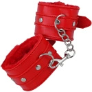 Kajdanki Czerwone Z Sex Futerkiem Regulowane Skóra Metal Premium BDSM LeLex
